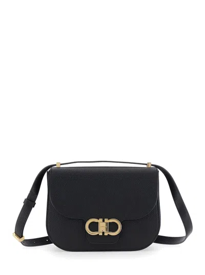 Ferragamo Black Crossbody Bag With Double Gancini Plaque On The Front In Grained Leather Woman In Nero