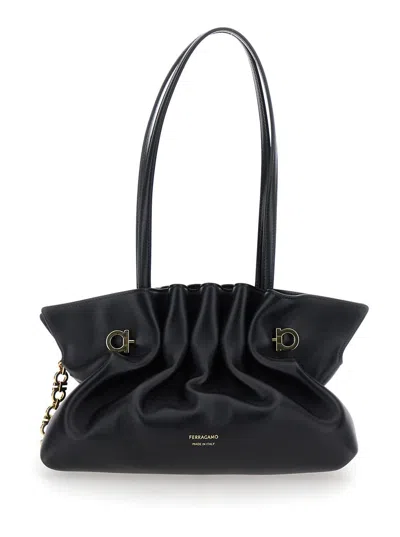 Ferragamo Black Crossbody Bag With Embossed Logo Lettering On The Front And Gancini In Leather Woman