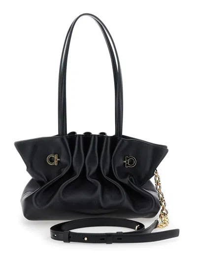 Ferragamo Black Crossbody Bag With Embossed Logo Lettering On The Front And Gancini In Leather Woman