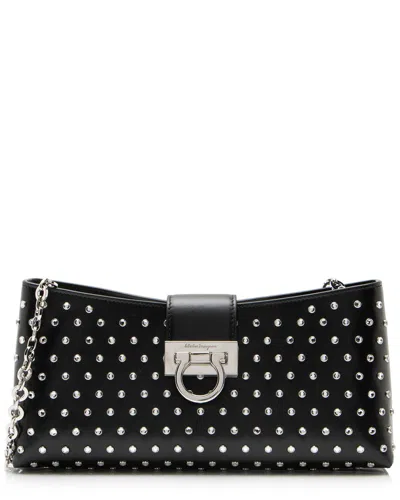 Pre-owned Ferragamo Black Crystal & Leather Trifolio Chain Shoulder Bag (authentic Pre-  Loved)