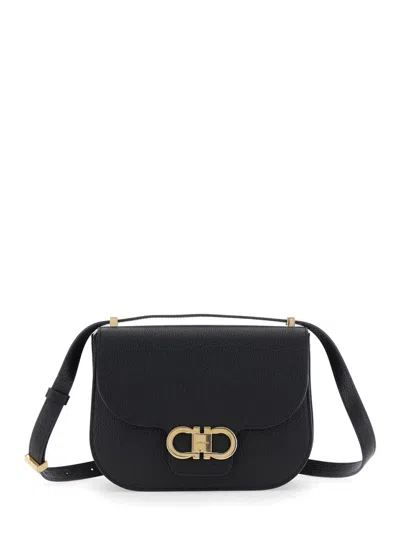 FERRAGAMO BLACK DOUBLE GANCINI CROSSBODY BAG