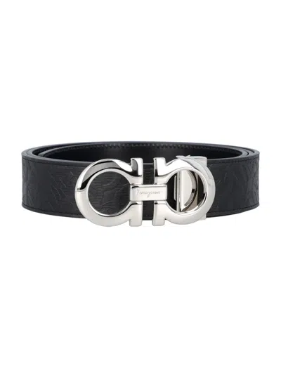 FERRAGAMO BLACK EMBOSSED LOGO BELT