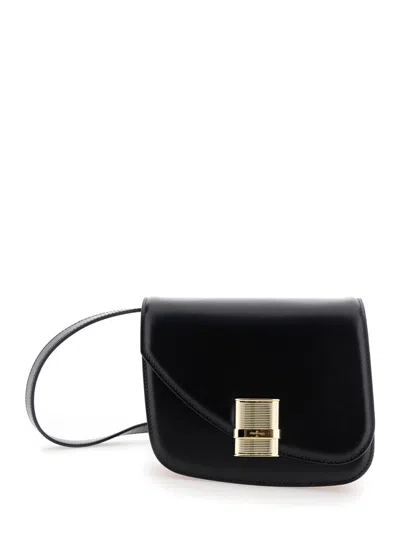 Ferragamo Fiamma S Black Shoulder Bag With Logo Detail And Oblique Flap In Leather Woman