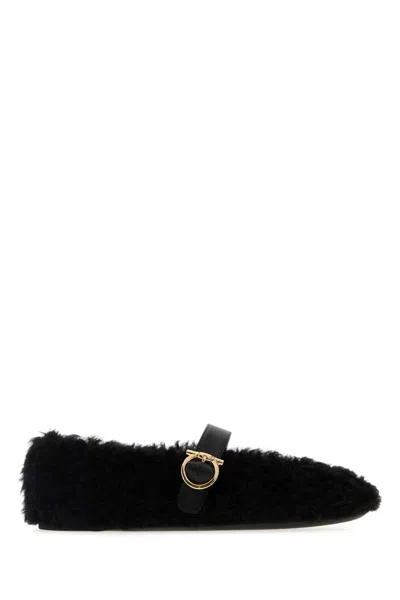 FERRAGAMO BLACK FUR NENA BALLERINAS