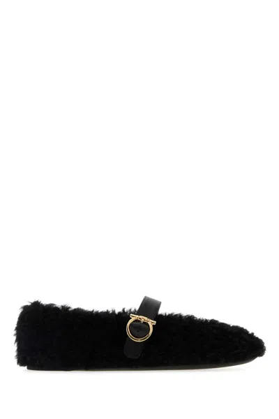 Ferragamo Black Fur Nena Ballerinas