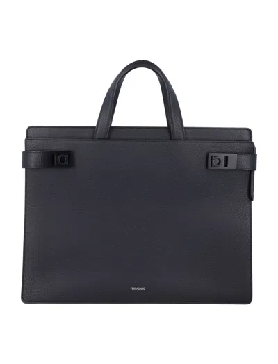 Ferragamo Men's Briefcase With Gancini Buckles In Black