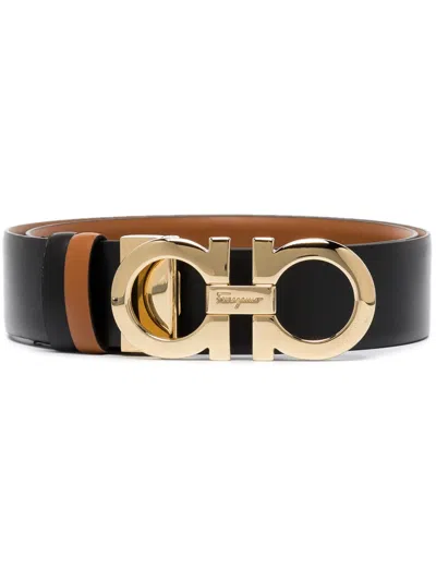 Ferragamo Black Gancini Buckle Reversible Leather Belt In Multi