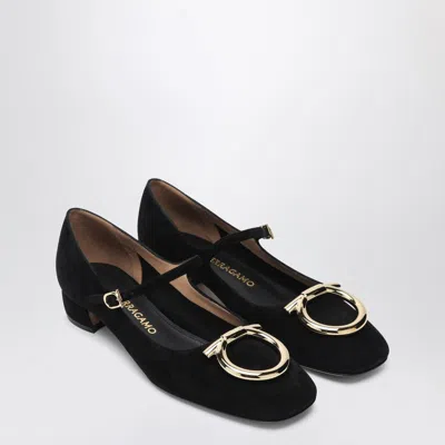 Ferragamo Suede Gancini Heeled Ballerina With Gold Hardware In Black