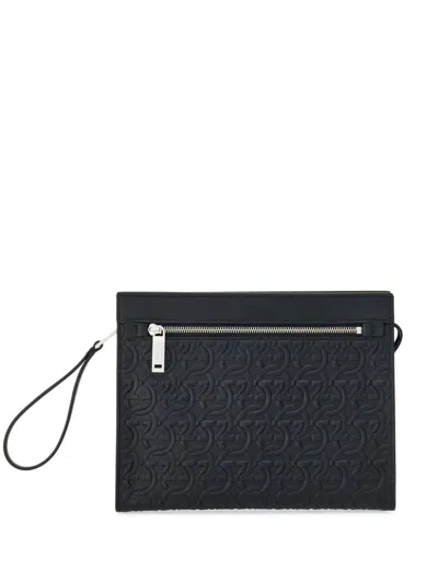 Ferragamo Gancini Logo-embossed Clutch Bag In Black