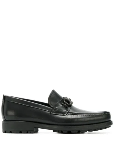FERRAGAMO BLACK GANCINI LEATHER LOAFERS
