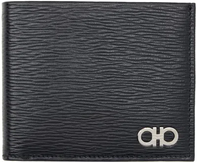 Ferragamo Black Gancini Wallet In Nero Red