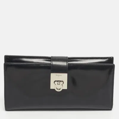 Ferragamo Black Glossy Leather Gancini Continental Wallet