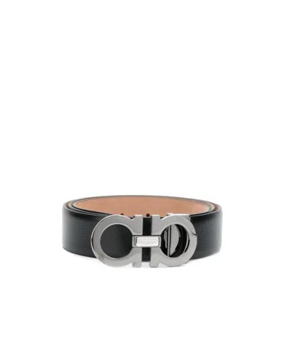 Ferragamo Black Grain Logo Gancio Belt In Gray