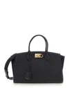 Ferragamo Black Handbag With Adjustable And Removable Shoulder Strap And Gancini Turn-lock Closure In Grained  In Gray