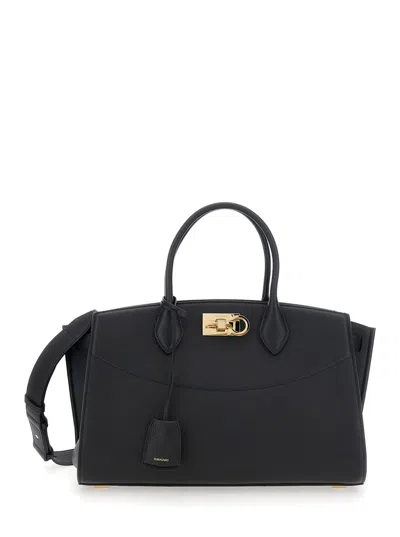 FERRAGAMO BLACK HANDBAG WITH ADJUSTABLE AND REMOVABLE SHOULDER STRAP AND GANCINI TURN-LOCK CLOSURE IN GRAINED 