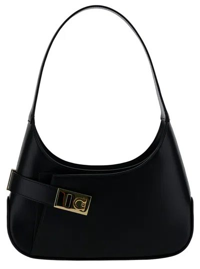 Ferragamo Black Hobo Shoulder Bag With Asymmetric Pocket And Gancini Buckle In Leather Woman In Nero