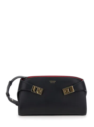 Ferragamo 'hug' Black Crossbody Bag With Gancini Buckle In Leather Woman