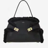 Ferragamo Hug Shearling-trimmed Leather Shoulder Bag In Black