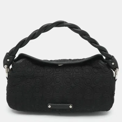 Pre-owned Ferragamo Black Jacquard And Leather Shoulder Bag