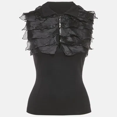 Pre-owned Ferragamo Black Jersey And Silk Frilled Sleeveless Top S