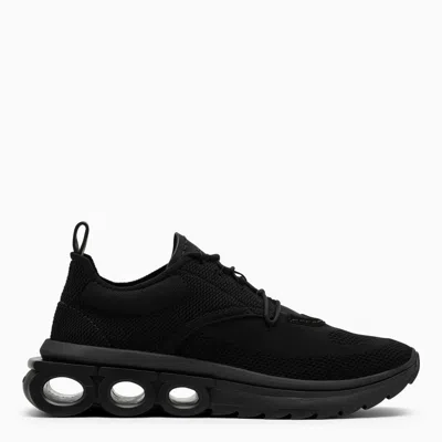 Ferragamo Black Knit Trainers For Men With Leather Detailing, Rounded Toe, And Perforated Rubber Sole
