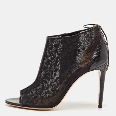 Pre-owned Ferragamo Black Lace And Watersnake Open Toe Booties Size 38