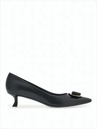 Ferragamo Black Lambskin Pointed-toe Pumps With Decorative Bow In White