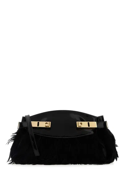 Ferragamo Black Leather And Feathers Hug Clutch