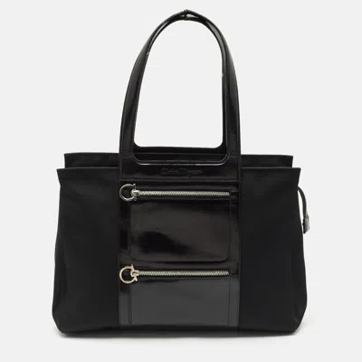 Pre-owned Ferragamo Black Leather And Nylon Ganici Pocket Tote