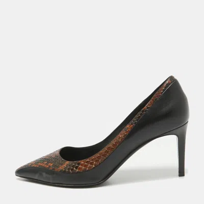 Pre-owned Ferragamo Black Leather And Python Leather Pointed Toe Pumps Size 39.5