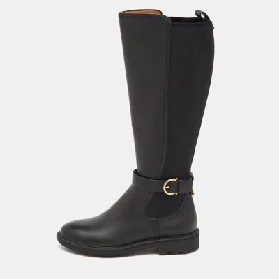 Pre-owned Ferragamo Black Leather And Stretch Fabric Furseo Knee Length Boots Size 36.5