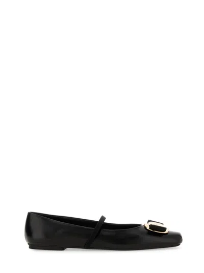 Ferragamo Zina Leather Bow Mary Jane Ballerina Flats In Black