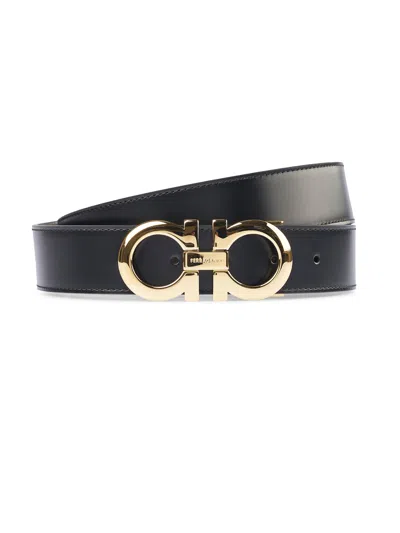 Ferragamo Black Leather Belt With Polished Gold-tone Buckle In Neutral