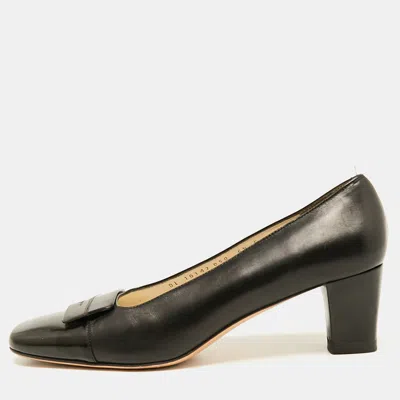 Pre-owned Ferragamo Black Leather Bow Block Heel Pumps Size 37