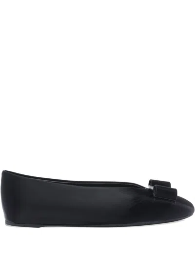 Ferragamo Black Leather Bow Flats In Blue