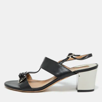 Pre-owned Ferragamo Black Leather Bow Strappy Block Heel Sandals Size 37.5