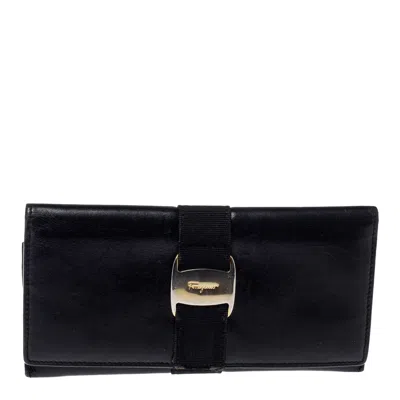 Ferragamo Black Leather Bow Wallet In Blue
