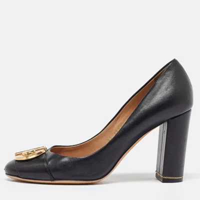 Pre-owned Ferragamo Black Leather Buckle Block Heel Pumps Size 39