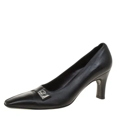 Ferragamo Black Leather Buckle Detail Pumps