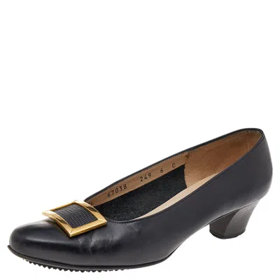Ferragamo Black Leather Buckle Pumps In Blue