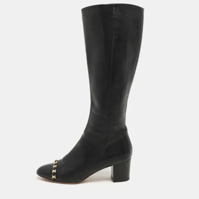 Pre-owned Ferragamo Black Leather Cap Toe Nanni Knee Length Boots Size 35.5
