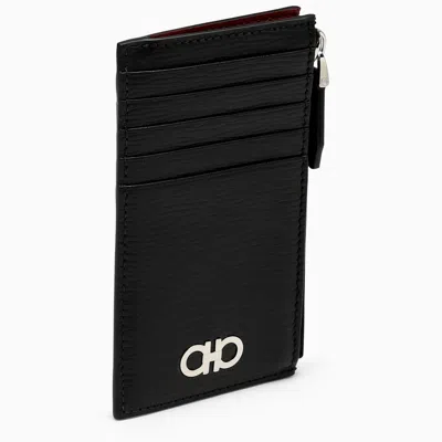 Ferragamo Black Leather Card Case In Nerored