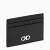 Ferragamo Black Leather Card Holder With Gancini Logo In Black