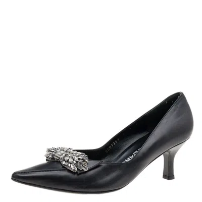 Ferragamo Black Leather Crystal Embellished Pumps In Animal Print