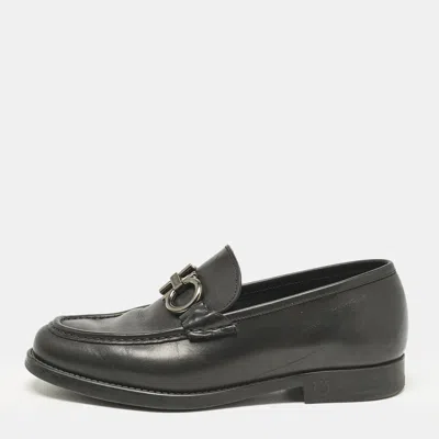 Pre-owned Ferragamo Black Leather Double Gancio Loafers Size 39.5