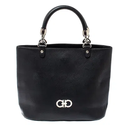 Ferragamo Black Leather Double Gancio Tote