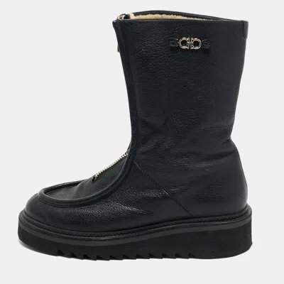 Ferragamo Black Leather Eurialo Mid Calf Boots In Blue