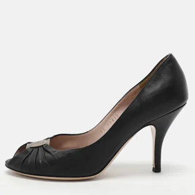 Ferragamo Black Leather Fiberia Peep Toe Pumps