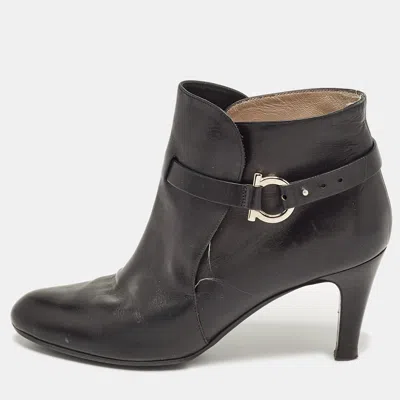 Ferragamo Black Leather Gancini Ankle Length Boots