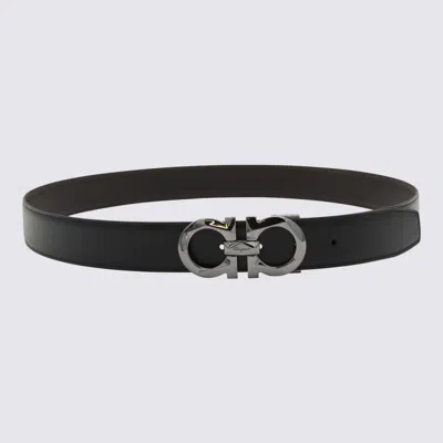Ferragamo Black Leather Gancini Belt In Red